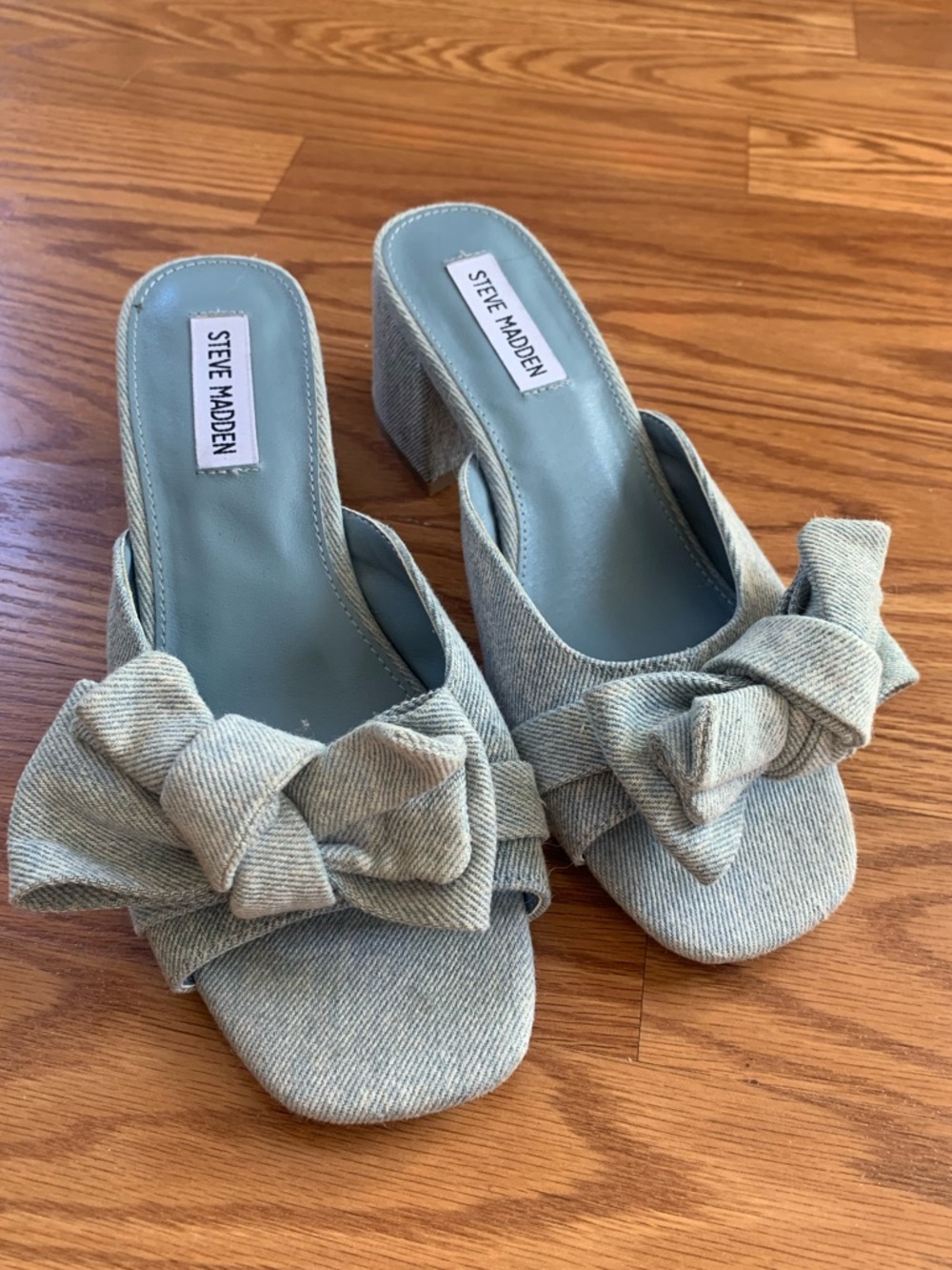 Steve Madden Light Blue Denim Knot Block Heel Mules